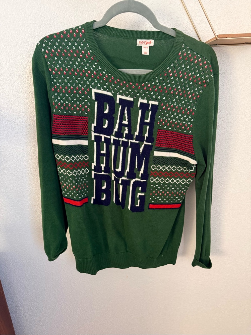 Cat & Jack Green Holiday Crewneck Sweater with Navy 'BAH HUMBUG' Text